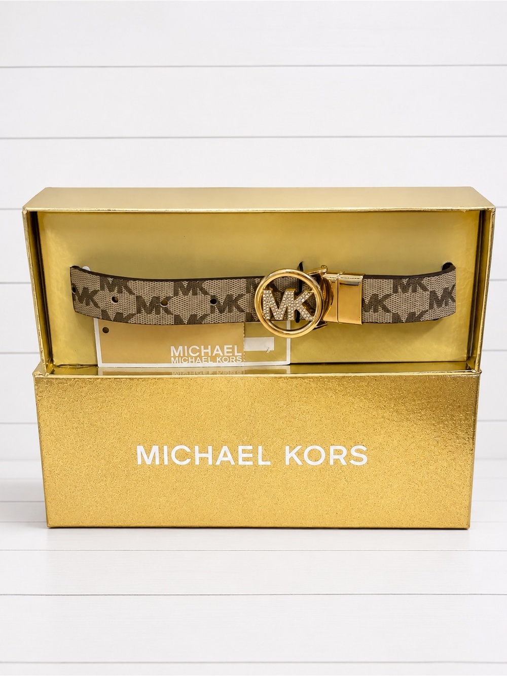 Michael Kors Beige Brown Logo Belt with Gold MK Circle Buckle